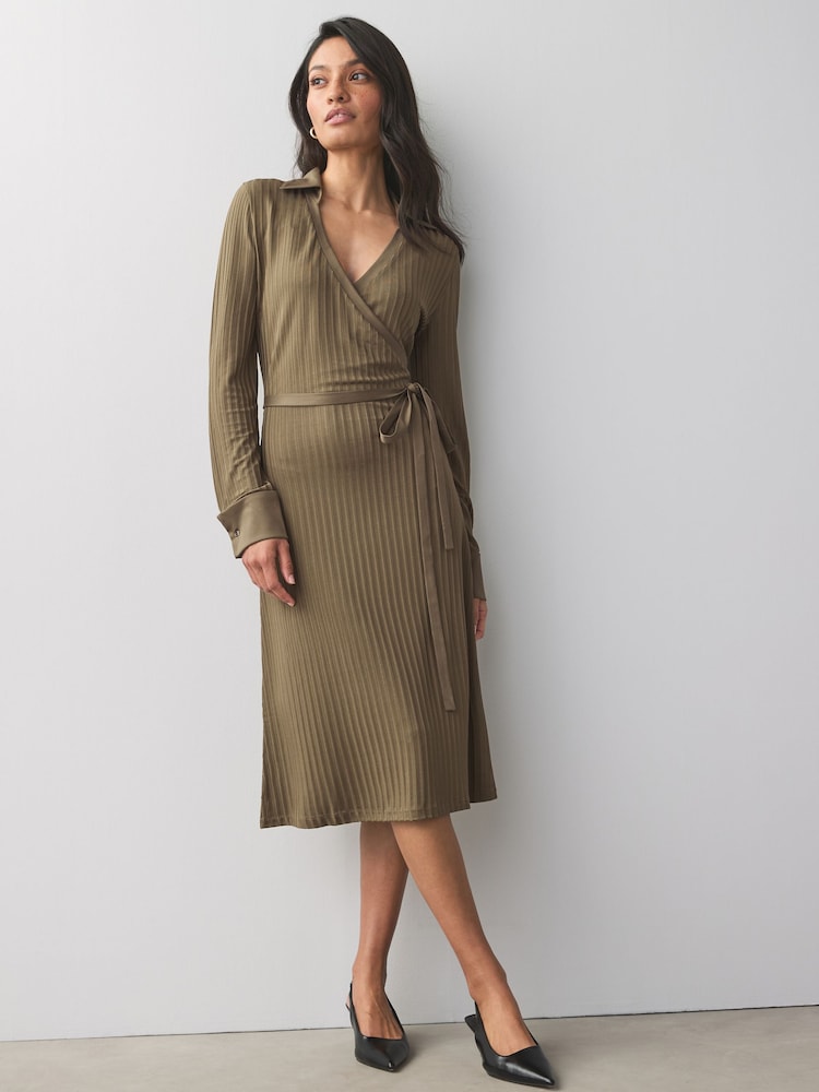 BOSS Brown Knitted Jersey Ribbed Wrap Belt Dress - Image 1 of 5
