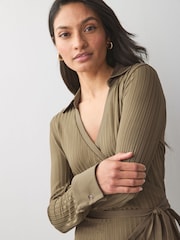 BOSS Brown Knitted Jersey Ribbed Wrap Belt Dress - Image 3 of 5