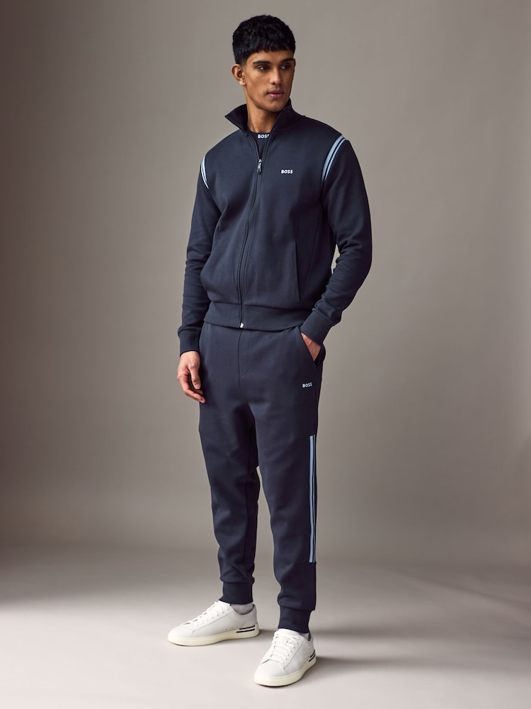 BOSS Blue Stripe Insert Stretch Zip Neck Sweatshirt and Joggers Tracksuit Set - Image 1 of 9