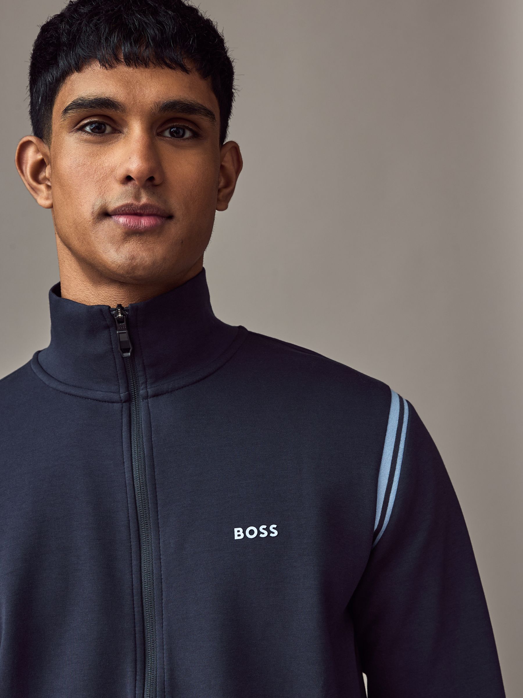 Buy BOSS Blue Stripe Insert Stretch Zip Neck Sweatshirt and
