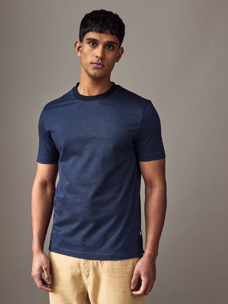 BOSS Blue Mercerised 100% Cotton T-Shirt With Contrast Collar - Image 1 of 5