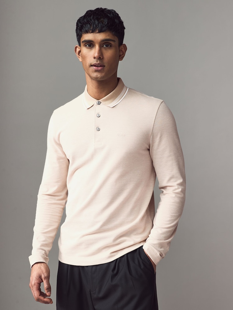 BOSS Natural Long Sleeve 100% Cotton Polo Shirt - Image 1 of 5