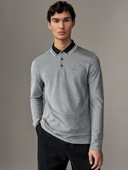 BOSS Grey Long Sleeve Cotton Polo Shirt - Image 1 of 6