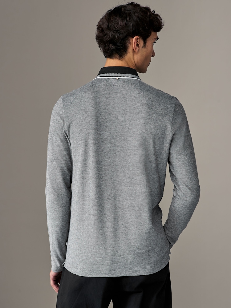 BOSS Grey Long Sleeve Cotton Polo Shirt - Image 2 of 6 BOSS Grey Long Sleeve Cotton Polo Shirt - Image 2 of 6