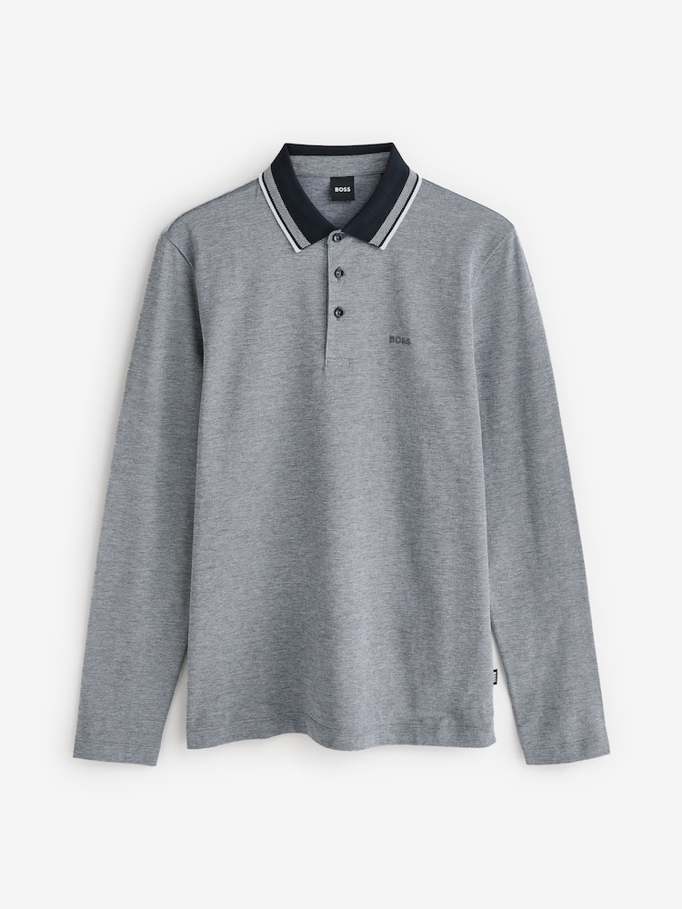 BOSS Grey Long Sleeve Cotton Polo Shirt - Image 6 of 6 BOSS Grey Long Sleeve Cotton Polo Shirt - Image 6 of 6