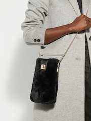 Dune London Black Snug Faux Fur Phone Cross-Body Bag - Image 1 of 4