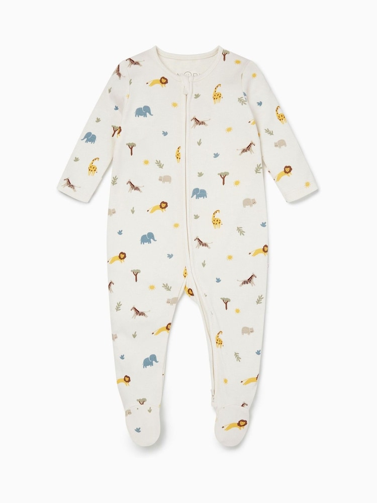MORI Cream Safari Print Viscose Cotton Blend 2 Way Zip-Up Sleepsuit - Image 3 of 4