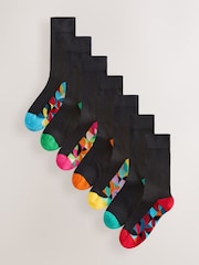 Bright Red/Green Geo 7 Pack Mens Cotton Rich Black Socks - Image 1 of 10