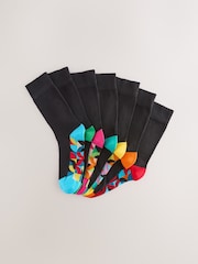 Bright Red/Green Geo 7 Pack Mens Cotton Rich Black Socks - Image 2 of 10