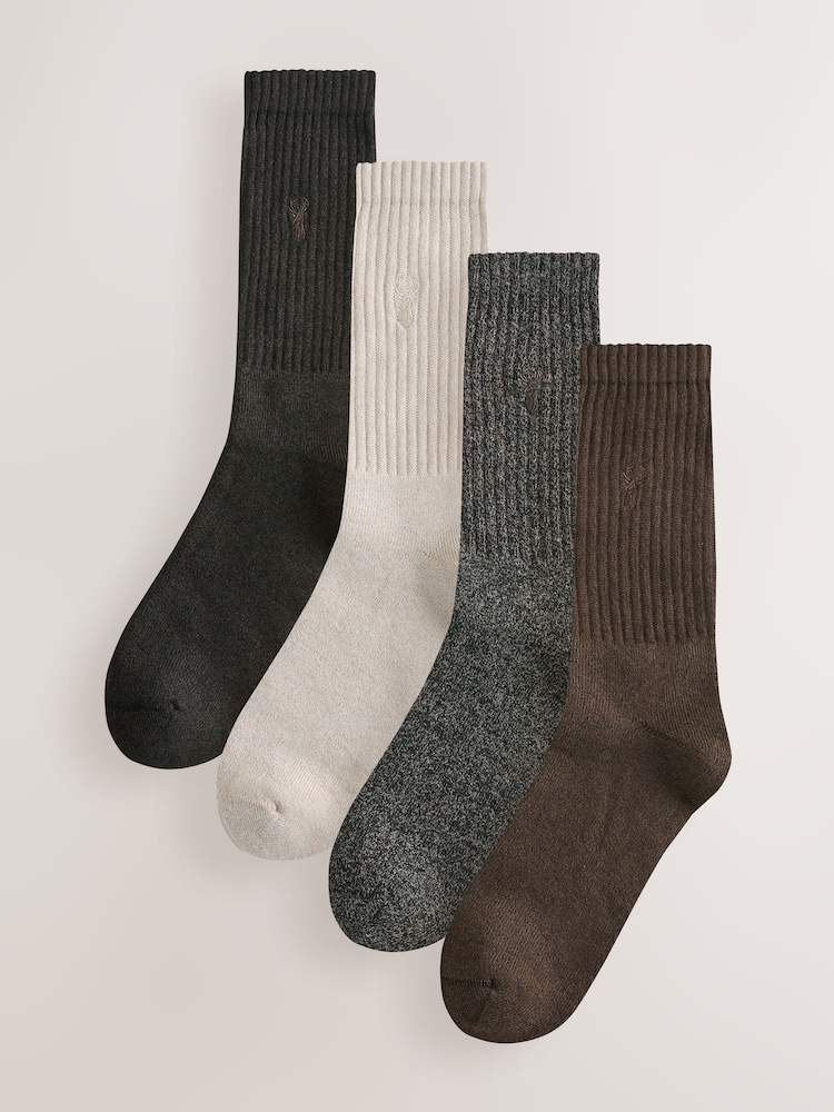 Neutral Stag Embroidered Heavyweight Socks 4 Pack - Image 1 of 8 Neutral Stag Embroidered Heavyweight Socks 4 Pack - Image 1 of 8