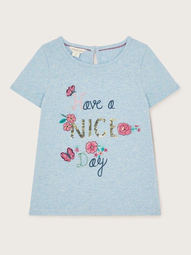 Monsoon Blue Have A Nice Day 100% Cotton Embroidered T-Shirt - Image 2 of 4