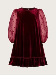 Monsoon Red Noa Spotty Organza Sleeves Velvet Dress - Image 2 of 4