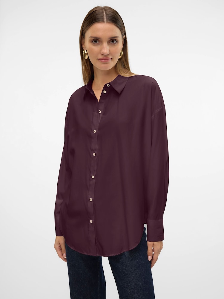 VERO MODA Burgundy Oversized Button Down Shirt - Image 1 of 5