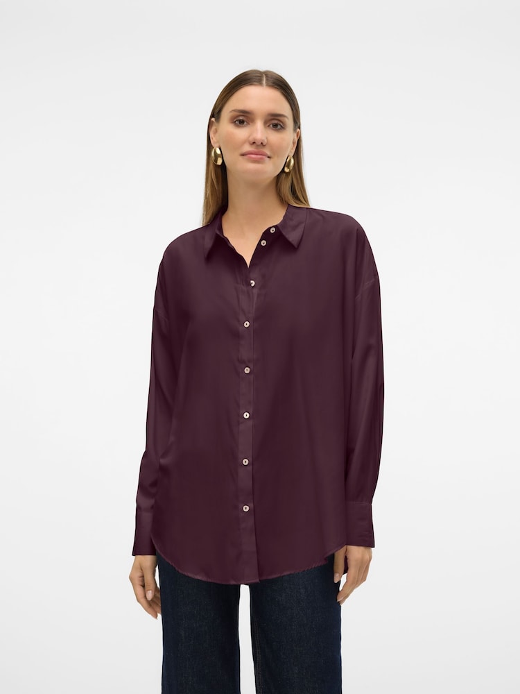 VERO MODA Burgundy Oversized Button Down Shirt - Image 2 of 5