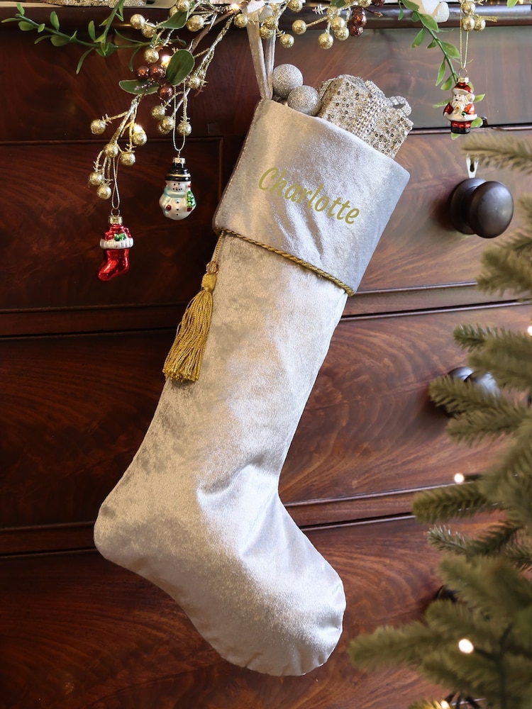 Personalised Kensington Silver Velvet Christmas Stocking by Dibor - Image 1 of 4 Personalised Kensington Silver Velvet Christmas Stocking by Dibor - Image 1 of 4
