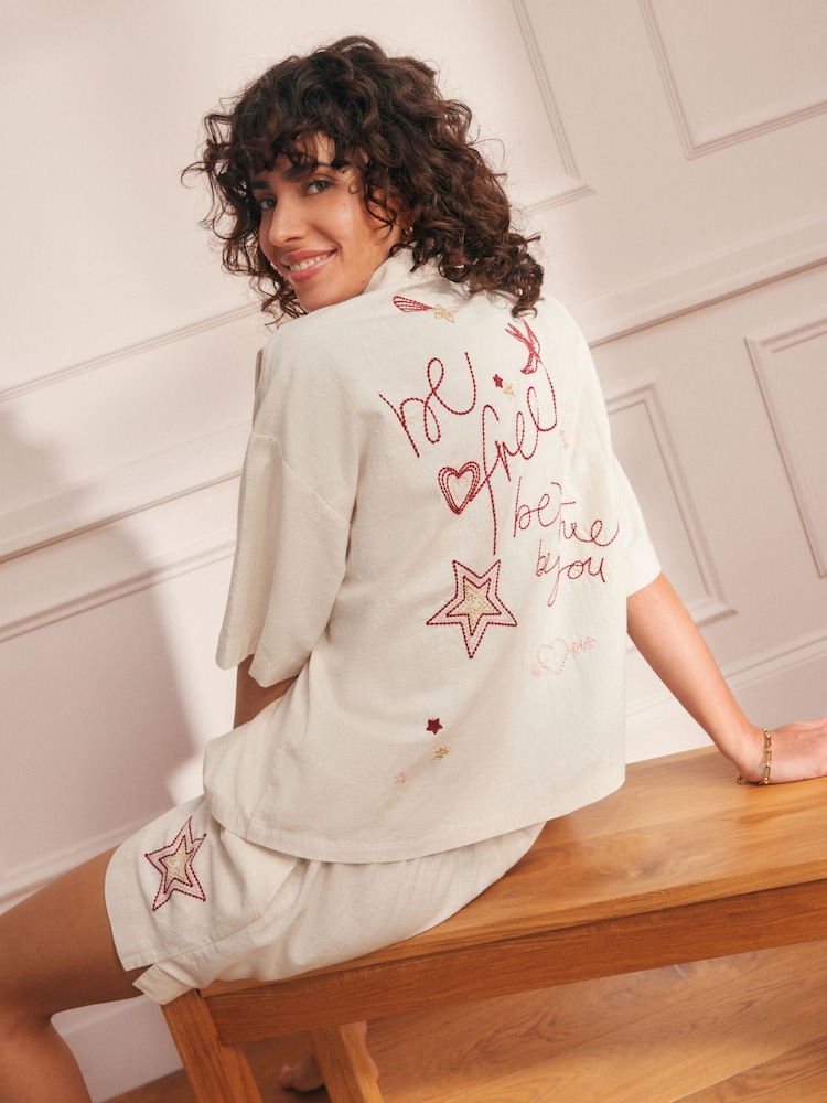 Rockett St George Cream Be Free Embroidered Button-Up 100% Cotton Shorts Set - Image 1 of 16