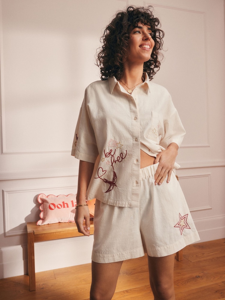 Rockett St George Cream Be Free Embroidered Button-Up 100% Cotton Shorts Set - Image 2 of 16