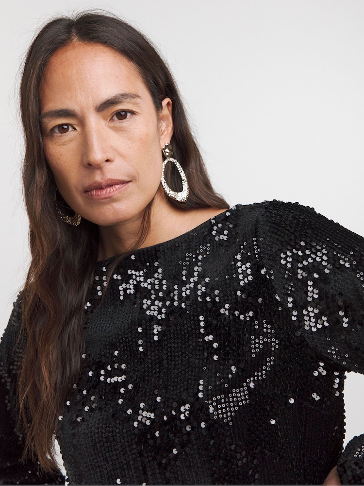 JD Williams Black Sequin Velvet Slash Neck Top - Image 1 of 4