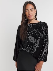JD Williams Black Sequin Velvet Slash Neck Top - Image 2 of 4