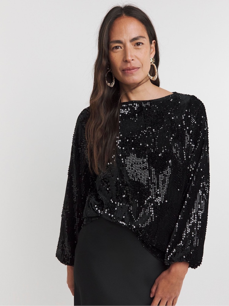 JD Williams Black Sequin Velvet Slash Neck Top - Image 2 of 4