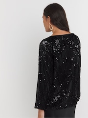 JD Williams Black Sequin Velvet Slash Neck Top - Image 4 of 4