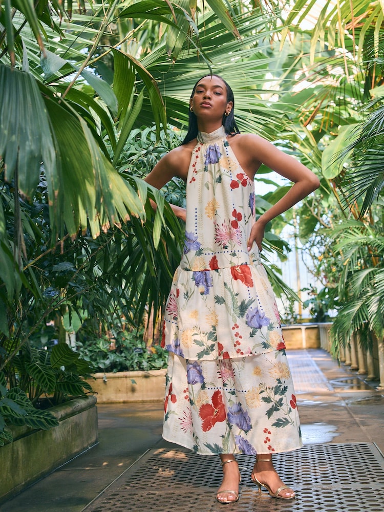 Kew Collection Floral Print Halter Tie Neck Layered Maxi Dress - Image 2 of 7