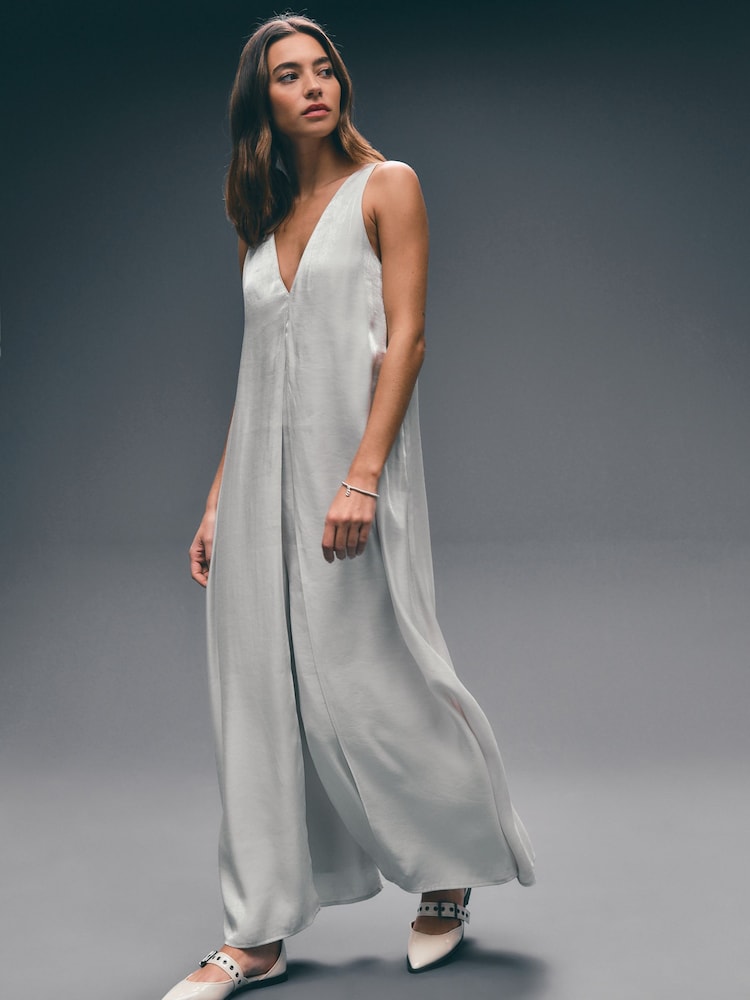 Champagne Gold Metallic V-Neck Wide Leg Jumpsuit - Image 1 of 8