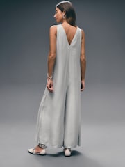 Champagne Gold Metallic V-Neck Wide Leg Jumpsuit - Image 3 of 8