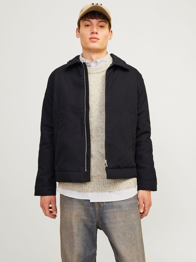 JACK & JONES Black Black Zip Up Worker 100% Cotton Jacket - Image 1 of 7