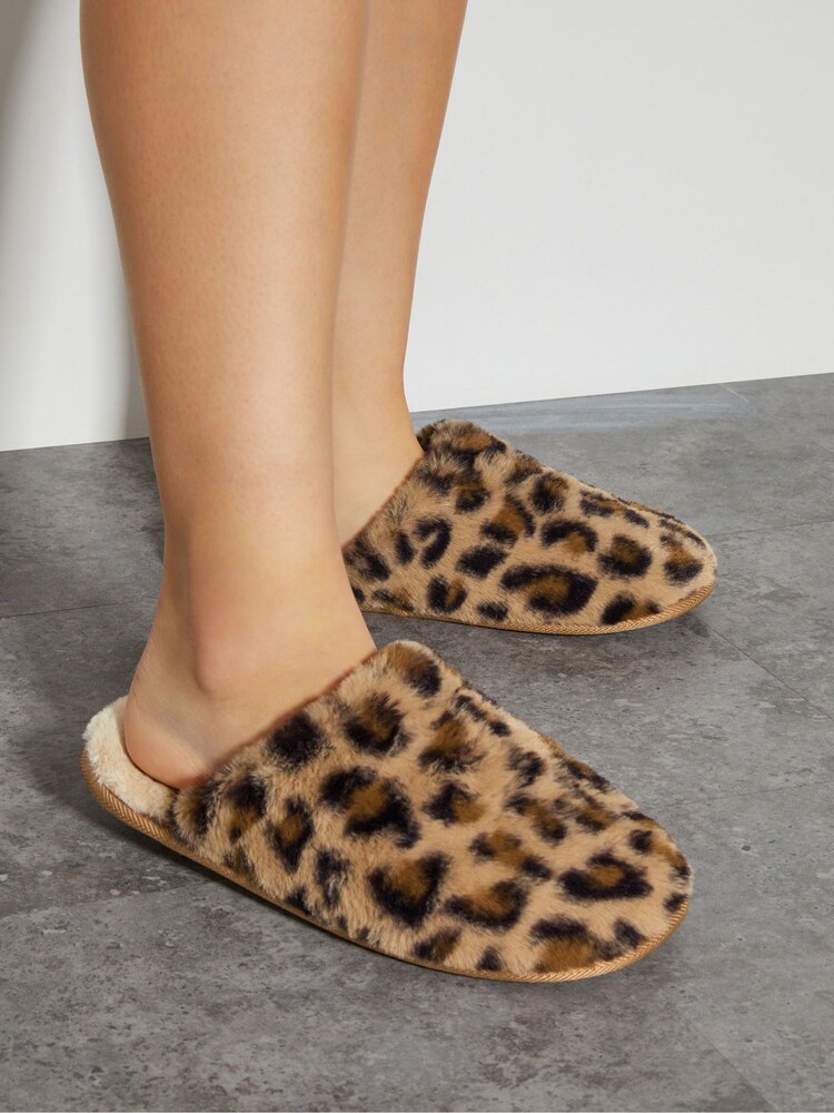 Monsoon Natural Dana Leopard Print Faux Fur Mule Slippers - Image 1 of 4