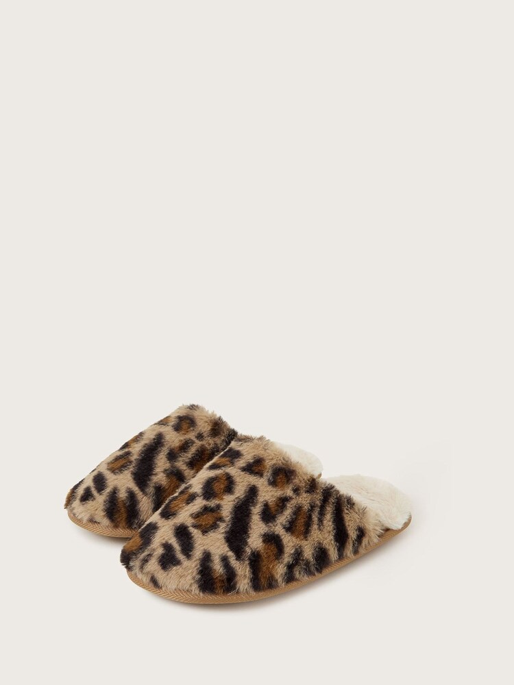 Monsoon Natural Dana Leopard Print Faux Fur Mule Slippers - Image 2 of 4