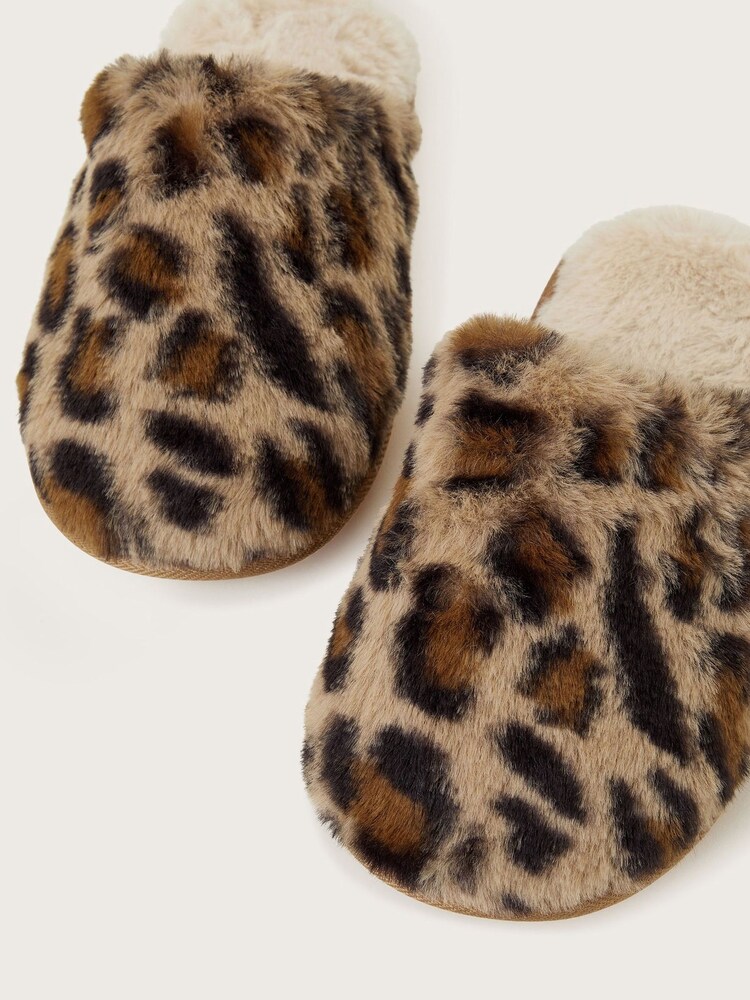 Monsoon Natural Dana Leopard Print Faux Fur Mule Slippers - Image 4 of 4