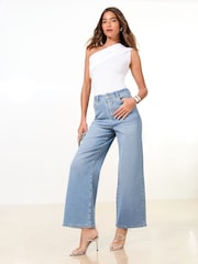 Lipsy Mid Wash Blue Embellished Crop Wide Leg Jeans - Image 3 of 5
