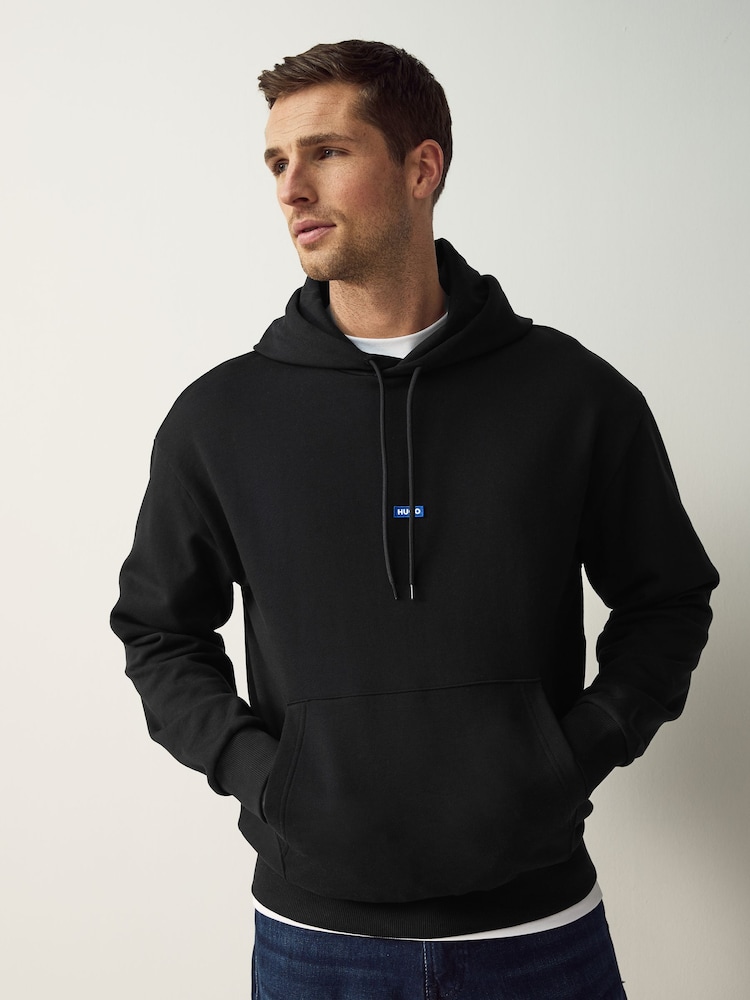 HUGO Black Logo Label Cotton Terry Hoodie - Image 1 of 5