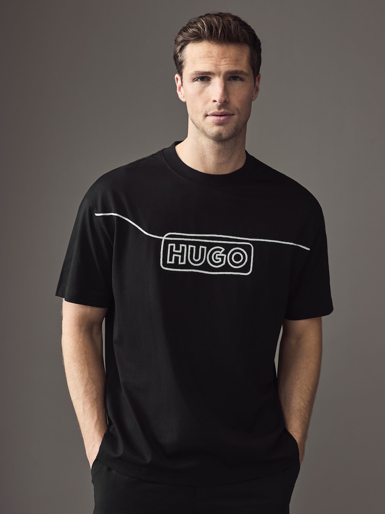 HUGO Black Chain Stitch Logo Terry 100% Cotton T-Shirt - Image 1 of 4