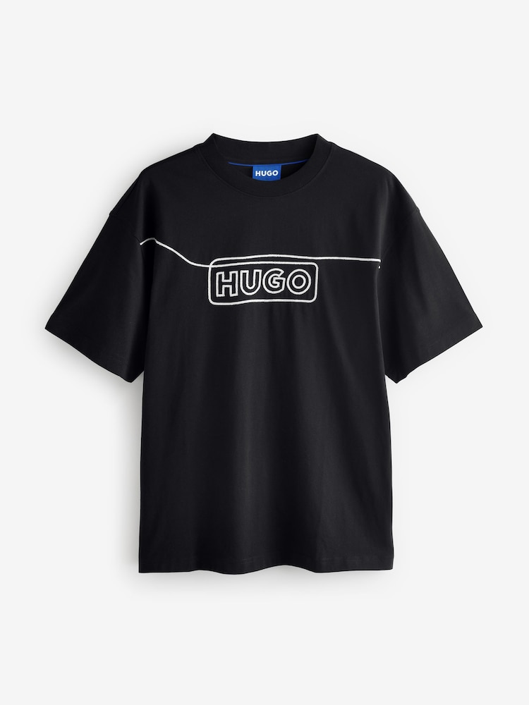 HUGO Black Chain Stitch Logo Terry 100% Cotton T-Shirt - Image 4 of 4