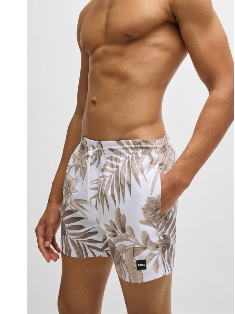 BOSS Natural Seasonal Print Logo Lined Swim Shorts - Image 1 of 3 BOSS Natural Seasonal Print Logo Lined Swim Shorts - Image 1 of 3