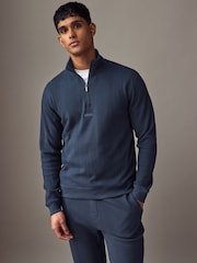 BOSS Blue Cotton Zip Neck Sweat Top - Image 1 of 4