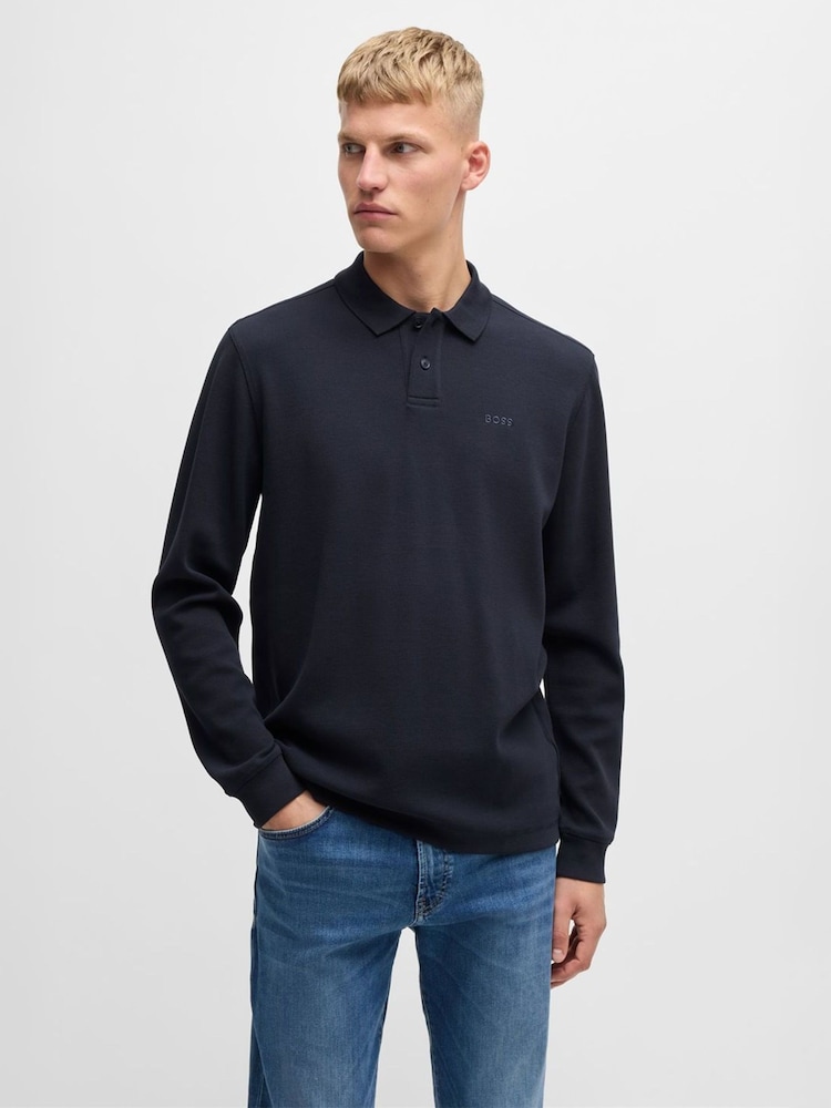 BOSS Navy Waffle Structured Stretch Cotton Polo Shirt - Image 1 of 5