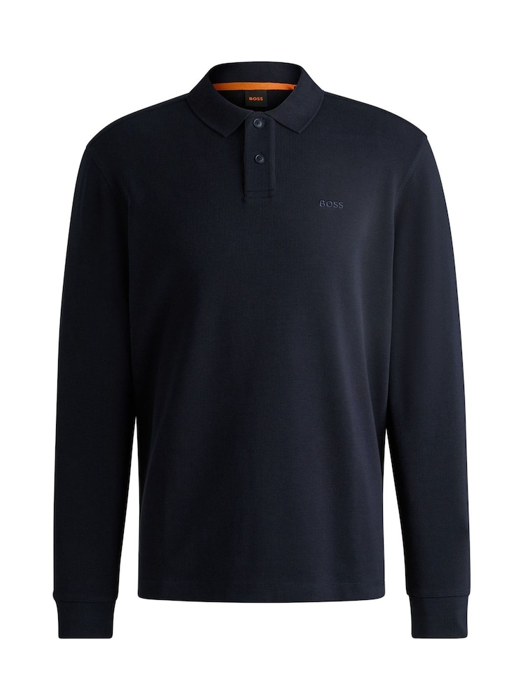 BOSS Navy Waffle Structured Stretch Cotton Polo Shirt - Image 5 of 5