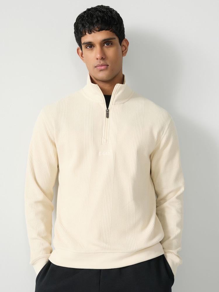 BOSS White Cotton Zip Neck Sweat Top - Image 1 of 5