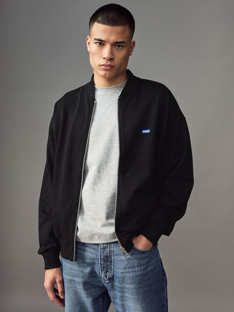 HUGO Black Logo Label Cotton Terry Zip Up Sweatshirt - Image 1 of 4