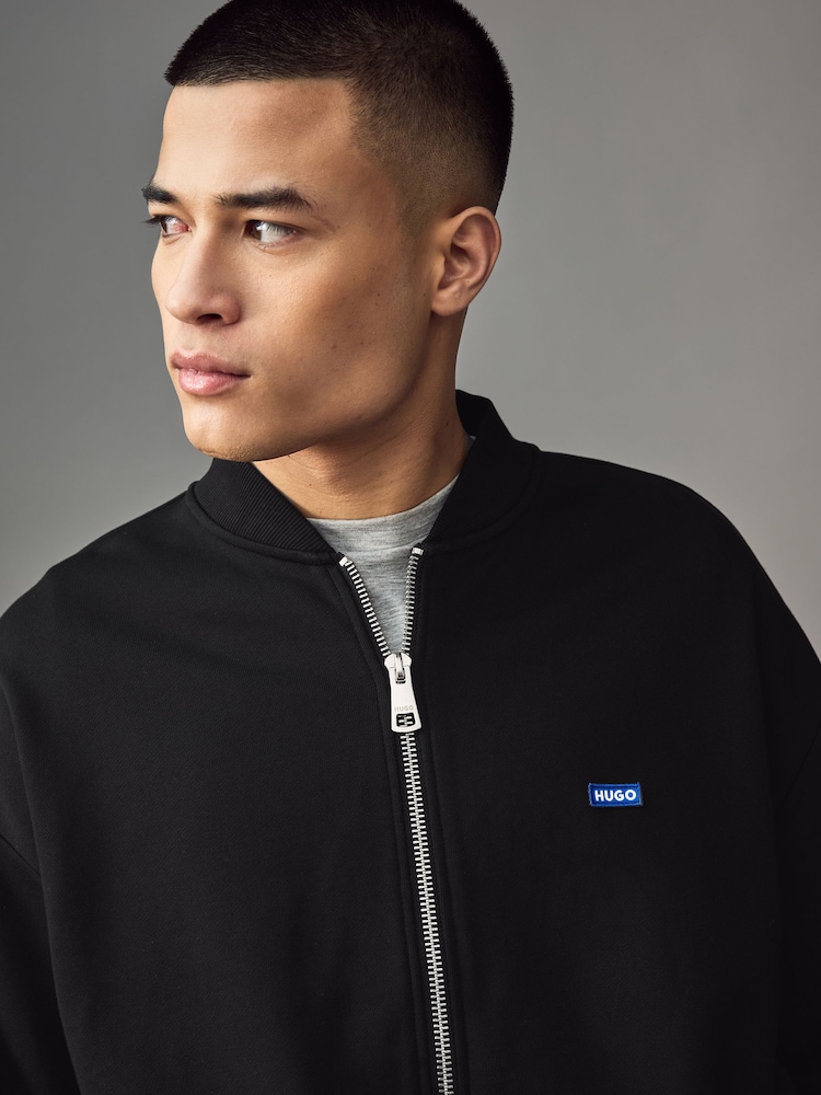 HUGO Black Logo Label Cotton Terry Zip Up Sweatshirt - Image 3 of 4