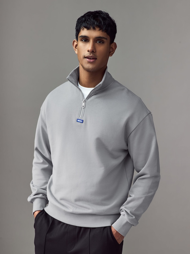 HUGO Grey Hugo Logo 100% Cotton Terry Zip Sweatshirt - Image 1 of 4