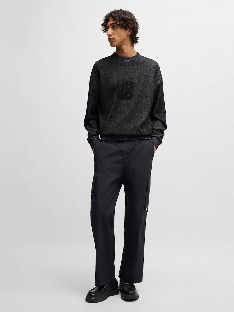HUGO Black Stacked Smoke Logo Print Ribbed Cotton Sweatshirt - Image 3 of 5