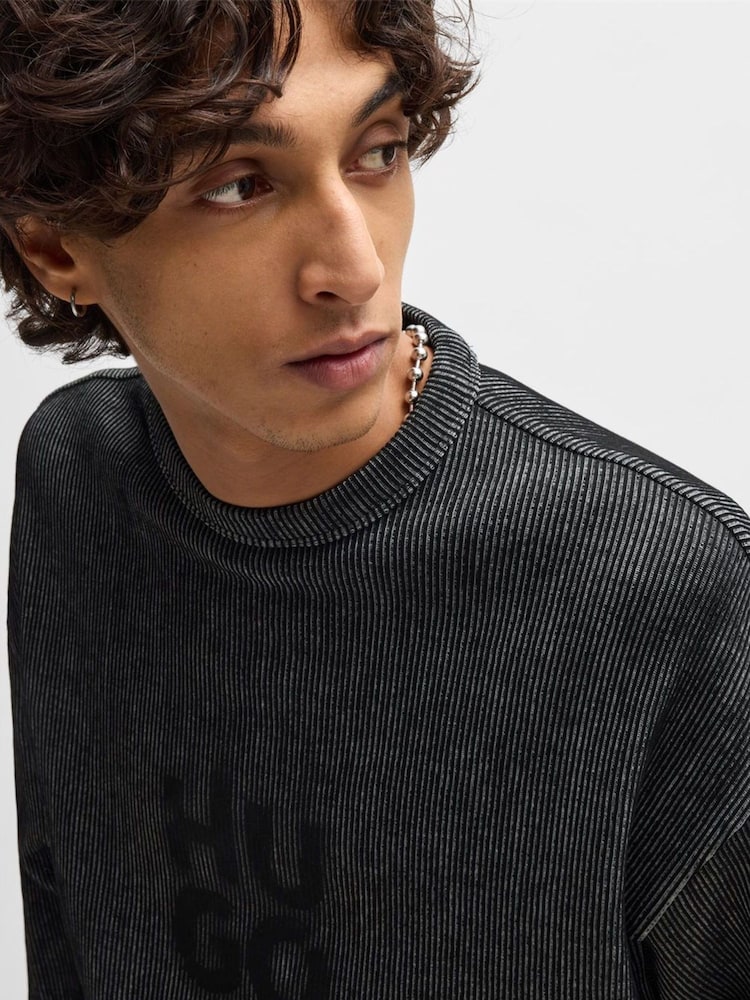 HUGO Black Stacked Smoke Logo Print Ribbed Cotton Sweatshirt - Image 4 of 5