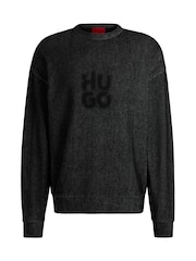 HUGO Black Stacked Smoke Logo Print Ribbed Cotton Sweatshirt - Image 5 of 5