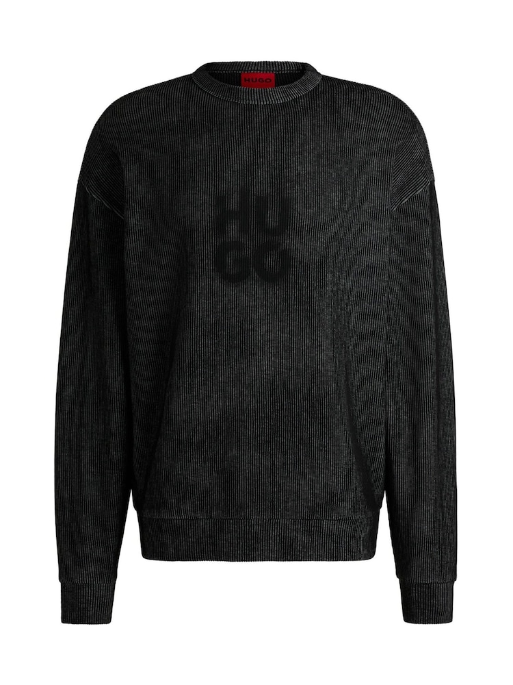 HUGO Black Stacked Smoke Logo Print Ribbed Cotton Sweatshirt - Image 5 of 5