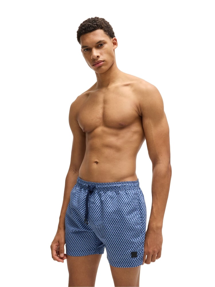 BOSS Blue Seasonal Pattern Logo Label Swim Shorts - Image 1 of 4 BOSS Blue Seasonal Pattern Logo Label Swim Shorts - Image 1 of 4