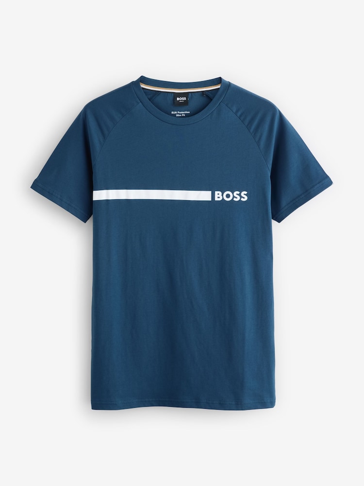 Modra/bela - BOSS majica s kratkimi rokavi iz 100% bombaža ozkega kroja s potiskom logotipa - Slika 4 iz 4